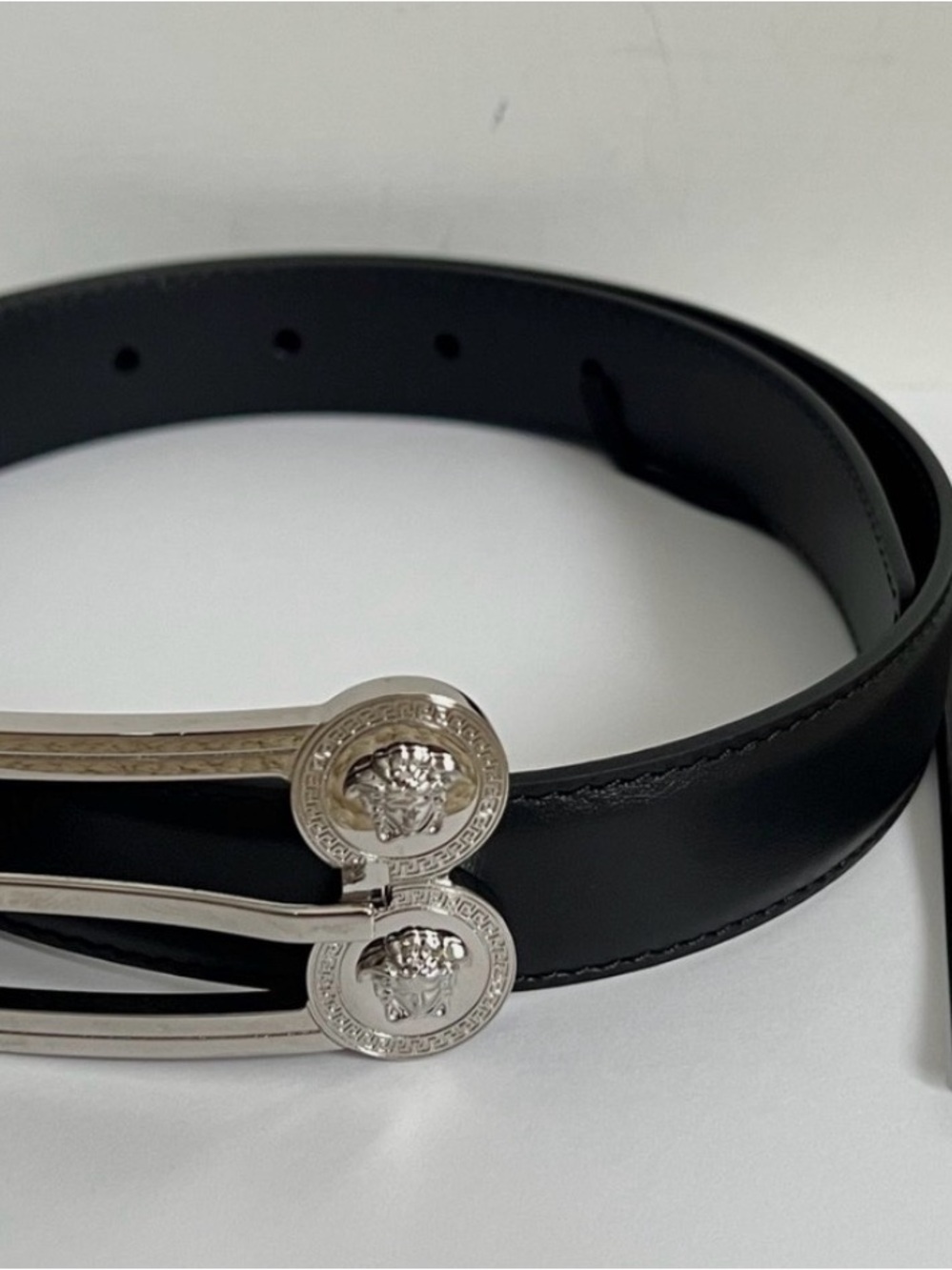 Versace Black Leather Belt with Silver Medallion Buckle